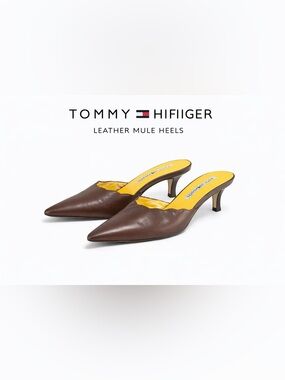 Tommy Hilfiger Brown Leather Pointed Mule Heels with Yellow Insole